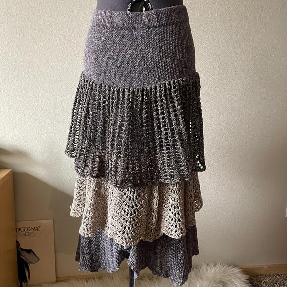 Vintage Dresses & Skirts - Vintage OOAK handmade blue crochet tiered maxi skirt boho fairy grunge size M/L